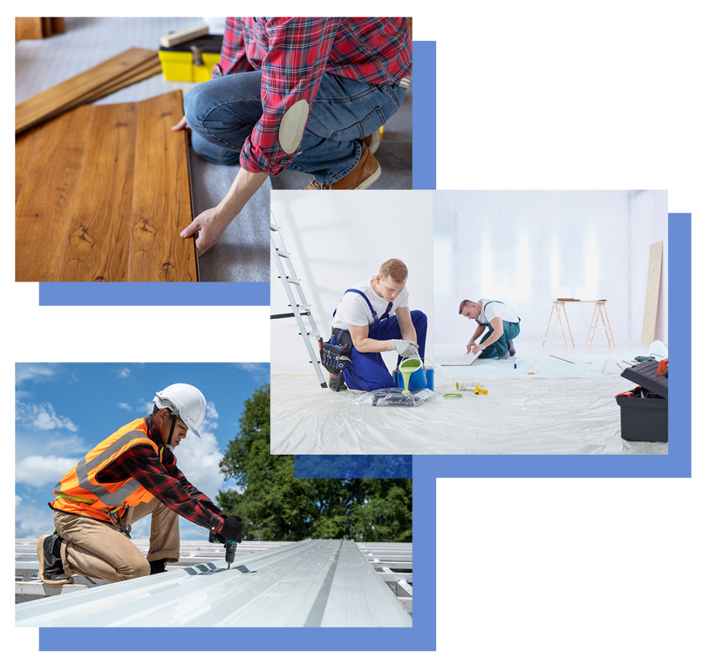 Three images, one of a worker repairing the floors, one of two workers painting the walls and a third of a worker repairing the roof. All services provided by our company.